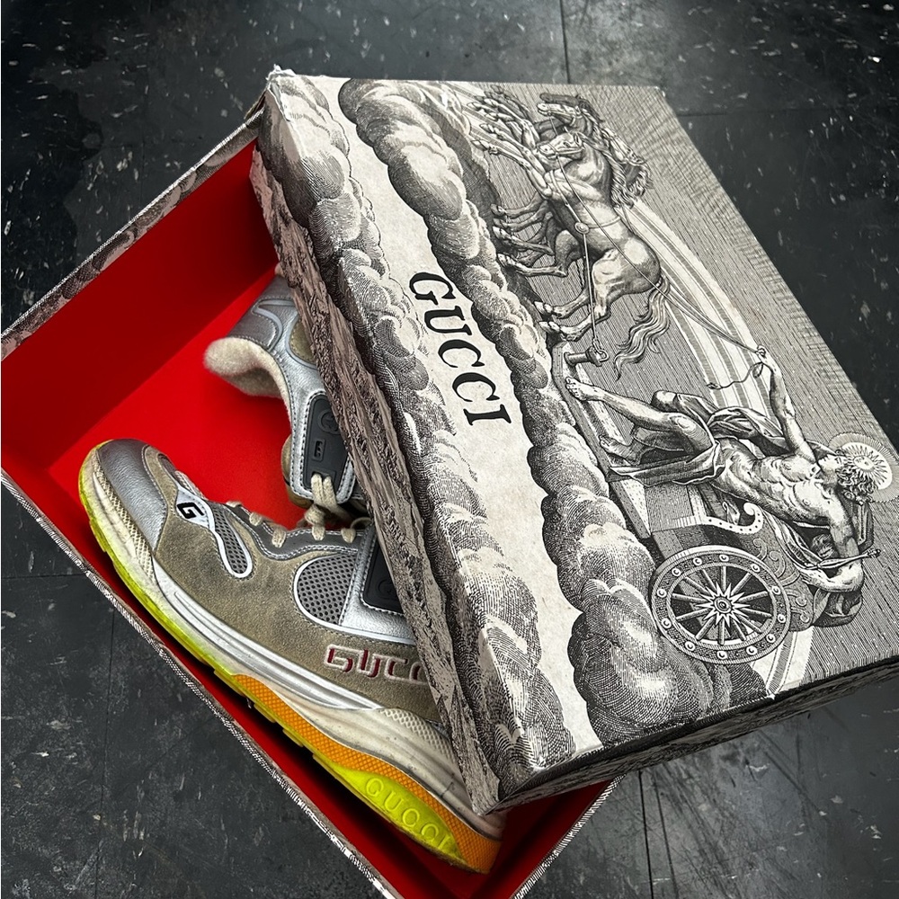 Gucci Silver and Neon Yellow Athletic Shoes